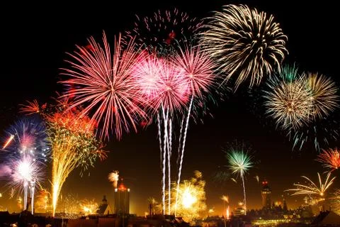 4K. loop seamless of real fireworks background. abstract blur of real golden  Stock Photos