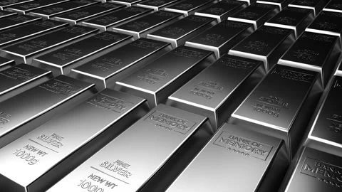 4K Loop Silver Bullions Laying in Rows with Bright Reflections Seamless. Stock Footage 236108901