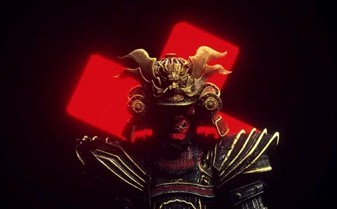 4k A Loop vl samurai figure in ornate armor stands against a glowing red  Video stock 294588350