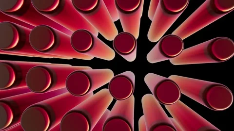 4K loopable abstract 3D spinning red and orange cylinder tube grid animation. Stock Footage 338345213