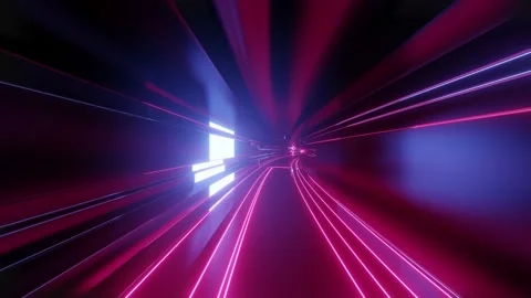 4k looped abstract high-tech tunnel with neon lights, camera flies through Video stock 133198925