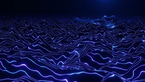 4k looped animation. Flight over hi tech pattern on plane surface, neon glow Stock Footage 174402946