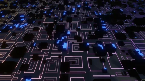 4k looped animation. Flight over hi tech pattern on plane surface, neon glow Stock Footage 194584486