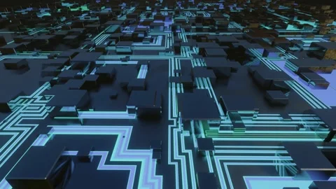 4k looped animation. Flight over hi tech pattern on plane surface, neon glow Stock Footage 195045227