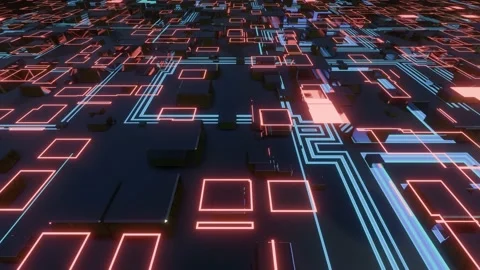 4k looped animation. Flight over hi tech pattern on plane surface, neon glow Stock Footage 196190919