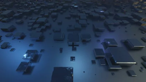 4k looped animation. Flight over hi tech pattern on plane surface, neon glow Stock Footage 204876809
