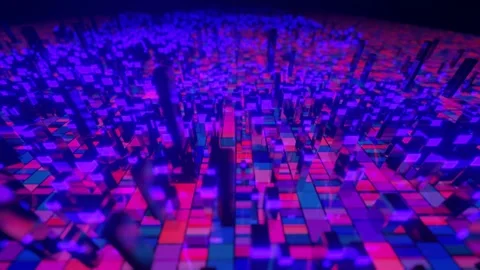 4k looped animation. Flight over hi tech pattern on plane surface, neon glow Stock Footage 214084429