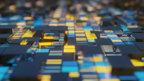 4k looped animation. Flight over hi tech pattern on plane surface, neon glow Stock Footage 243768242
