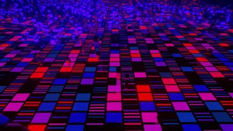 4k looped animation. Flight over hi tech pattern on plane surface, neon glow Stock Footage 274186534
