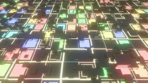 4k looped animation. Flight over hi tech pattern on plane surface, neon glow Stock Footage 277994550