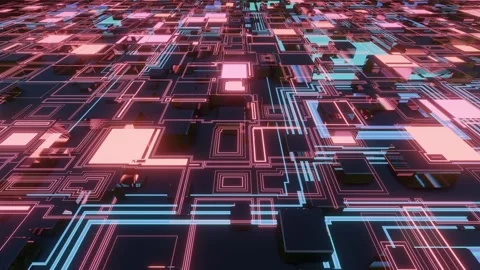 4k looped animation. Flight over hi tech pattern on plane surface, neon glow Stock Footage 277995181