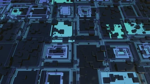 4k looped animation. Flight over hi tech pattern on plane surface, neon glow Stock Footage 279745890