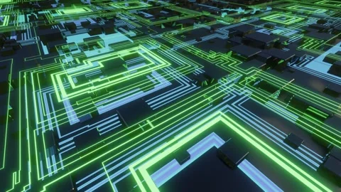 4k looped animation. Flight over hi tech pattern on plane surface, neon glow Stock Footage 281350481