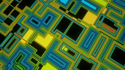 4k looped animation. Hi tech pattern on plane surface, neon glow, complex Stock Footage 200794146