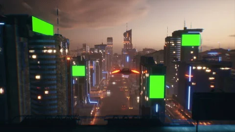 4K looped background with green screen banners. 3D City of the future 스톡 동영상 149944424