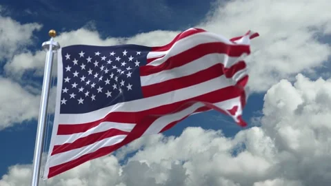 4k looping flag of USA with flagpole waving in wind,timelapse rolling clouds bac Stock Footage 141775277