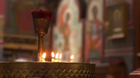 4K, Lord's Supper, Cup and Candles Rack Focus to Church Saints Video stock 76200299