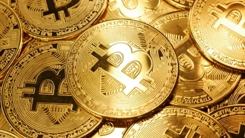 4K Lots of Bitcoins top bird's eye view, rotating orbital shot. Stock Footage 152808765