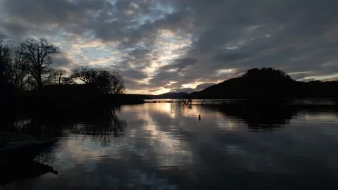 4k Low Aerial Drone empty Loch Lomond. Silhouette. Sunset. Scotland. Stock Footage