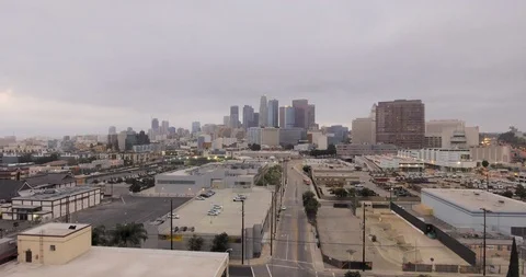 4K Low Altitude Aerial View Of Overcast Downtown Los Angeles Skyline Stock Footage