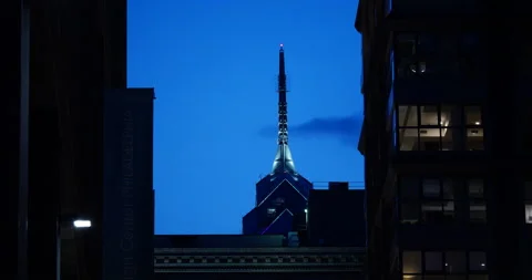 4K LOW ANGLE CENTER CITY PHILADELPHIA AGAINST BLUE NIGHT SKY Video stock 132602255