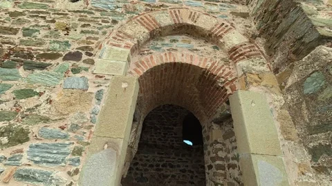 4K Low-Angle POV Looking Up Narrow Medieval Fortress Entrance - Towering Walls Stock Footage 332544230