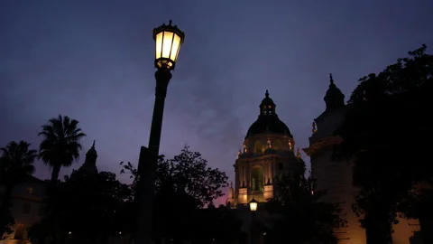 4K Low Angle View Of The Pasadena, California City Hall And A Dark Blue Dusk Sky Stock Footage 168785812