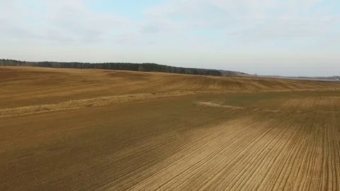4K. Low flight above freshly cultivated fields in spring, aerial panoramic view. Video stock 73531201