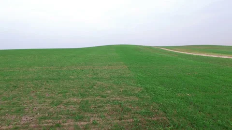 4K. Low flight above green hills with dirt road, aerial panoramic view. 스톡 동영상 55571124