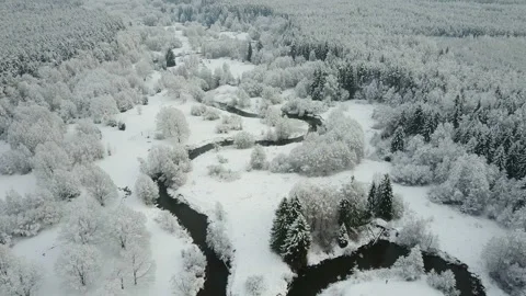 4K. Low flight above winding river in frozen forest. Aerial winter view. 動画素材 98178267