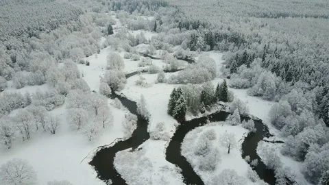 4K. Low flight above winding river in frozen forest at foggy weather. Aerial. Video stock 98178385