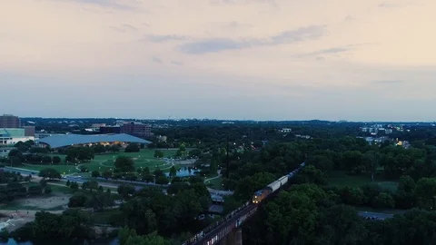 4K Lowering Aerial of Train in Austin Stock Footage 89768254