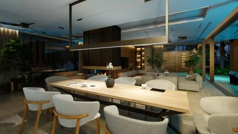 4K Luxury Modern Interior Render Open Plan Living Dining Pool View Stock Footage 330480157