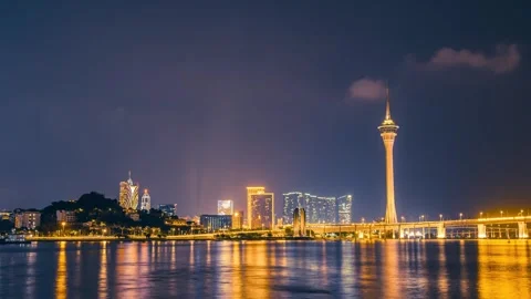 4K Macau Tower &amp; Grand Lisboa Hotel Night Time-lapse Video stock 341681129