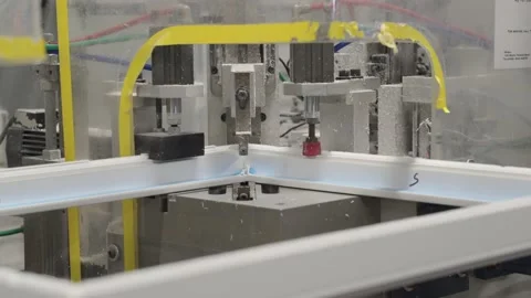 4K. machine for cutting and cleaning welds and milling on PVC plastic window. Stock Footage 134212706