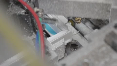 4K. machine for cutting and cleaning welds and milling on PVC plastic window. Stock Footage 134212758