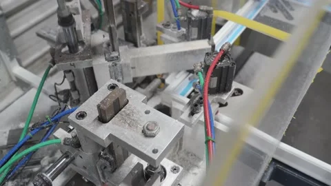 4K. machine for cutting and cleaning welds and milling on PVC plastic window. Stock Footage 134212765