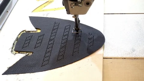 4K Machine sewing pieces of leather for making shoes Stock Footage 85081979