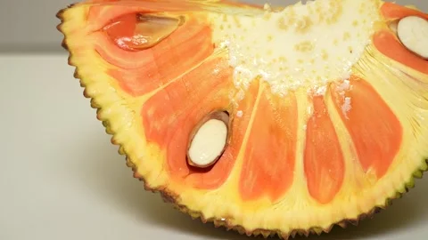 4K Macro of a Sliced Red Jackfruit, Revealing Vibrant Reddish-Orange Pulp. Stock Footage 316536282