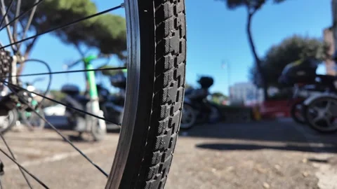 4K Macro Slow Motion View Of Spinning Bicycle Wheel Spokes Stock Footage 331541048