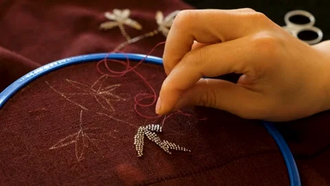 4K Macro Static Close Up of Fingers Doing Handmade Bead Embroidery Stock Footage 327863956