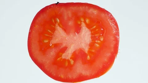 4k macro video of tomato slice being crushed on white background. Pulp and juice Stock Footage 125360131