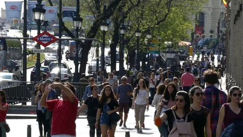 4K Madrid traffic crowds commuters tourists Banco de Espana metro station Spain Stock Footage 76217280