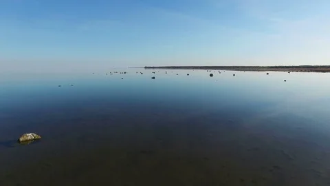 4K. Magic flight with birds over the sea at sunset above stones in the water. Stock Footage 72184040