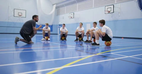 4k, Male coach talking to a group of elementary school basketball team. Stock Footage 68182436