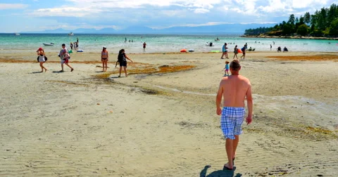 4K Man in Bathing Suit walks on Sand Beach Towards Water Stock Footage 61208452