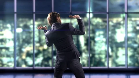 4K Man Business Dancing in Office, City Background View, Happy Businessman Suit Video stock 81077455