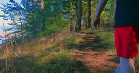 4K Man Hiking Down Path to Remote Beach Stock Footage 41715386
