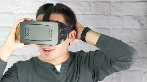 4K Man Putting Trying Virtual Reality Headset Stock Footage 52924104