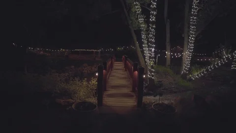4k Man walking across bridge by the water at night Stock Footage 122937607